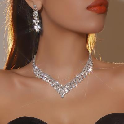 Luxury Rhinestone Necklace Earrings Set, Fashion Jewelry Earrings Two-piece Bridal Jewelry Set