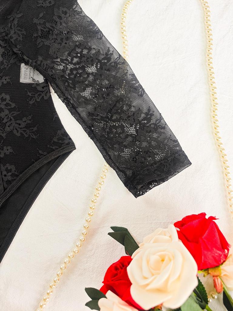 European & American Sexy Lace Patchwork Strappy Black Bodysuit