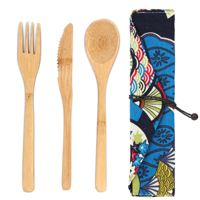 3Pcs/set Wooden Dinnerware Set Bamboo Fork Knife Soup Teaspoon Catering Cutlery Set With Cloth Bag Kitchen Cooking Tools Utensil