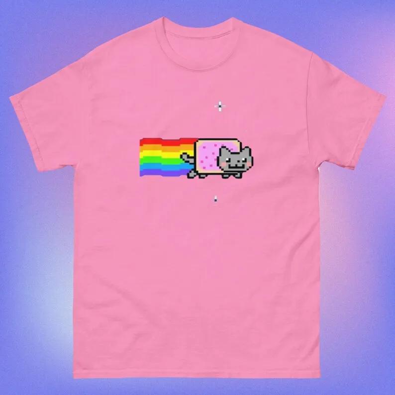 Hip Hop Y2K Vintage Print Short Sleeve Nyan Cat with Rainbow TShirt Funny Meme Creative Top Casual Loose Street Wear Unisex