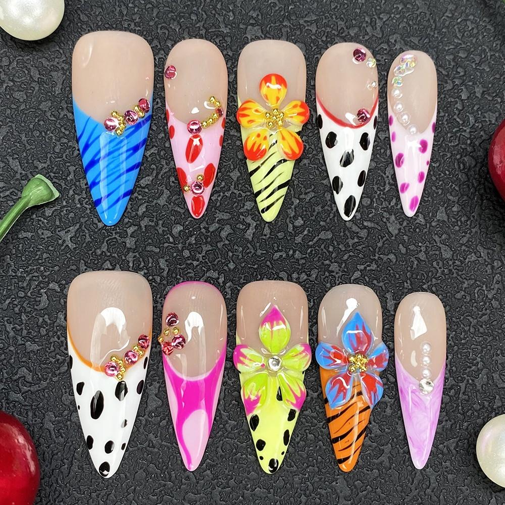 Glossy Hand Paint Thickness Acrylic Handmade Nail Sets 10PCS Multicolor Luxurious Gorgeous UV Gel Carved Artificial Manicure Art