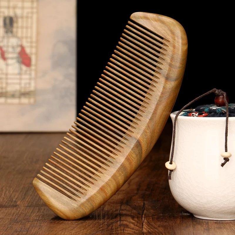 Green Sandalwood Long Handle Comb for Straight & Curly Hair - Traditional Wooden Craft Gift