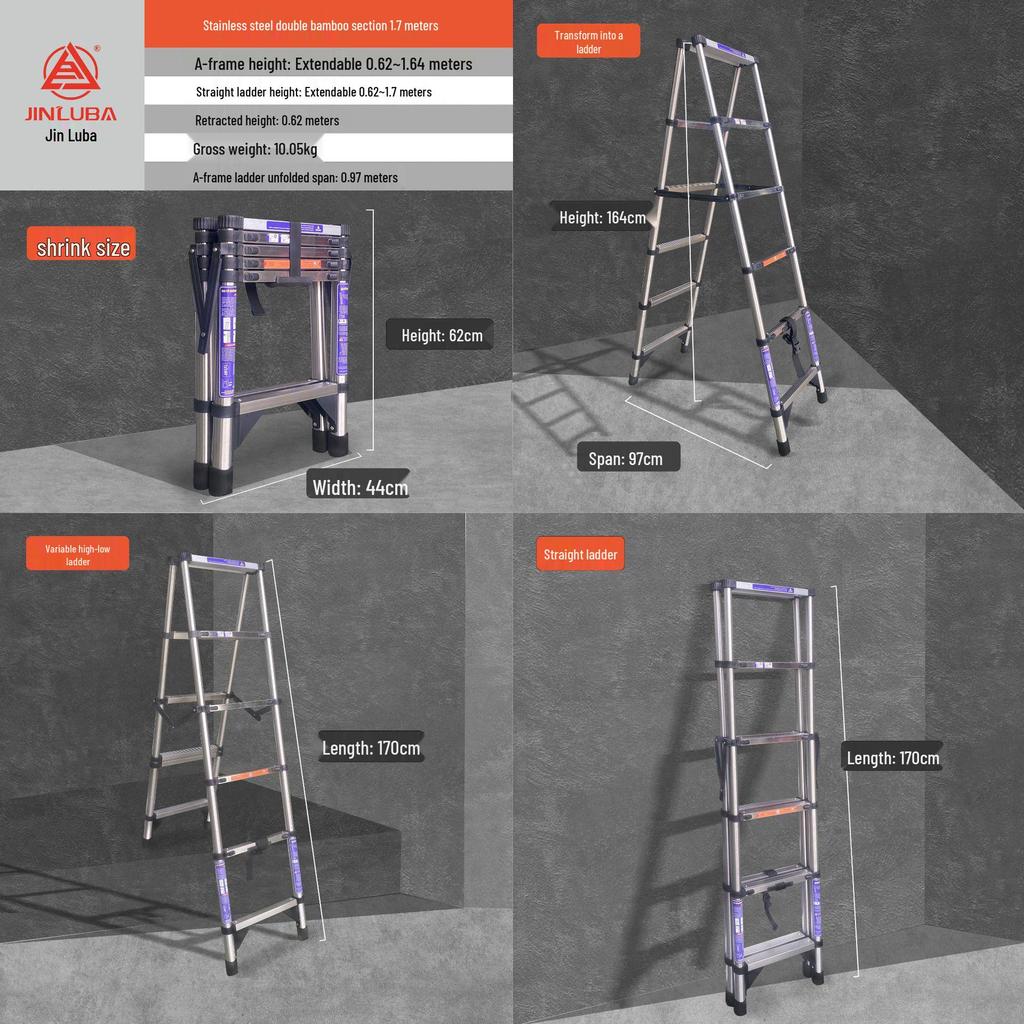 Jinluba Aluminum Telescopic A-Frame Ladder - Thickened, Stainless Steel, Bamboo Joint, for Household & Engineering Use