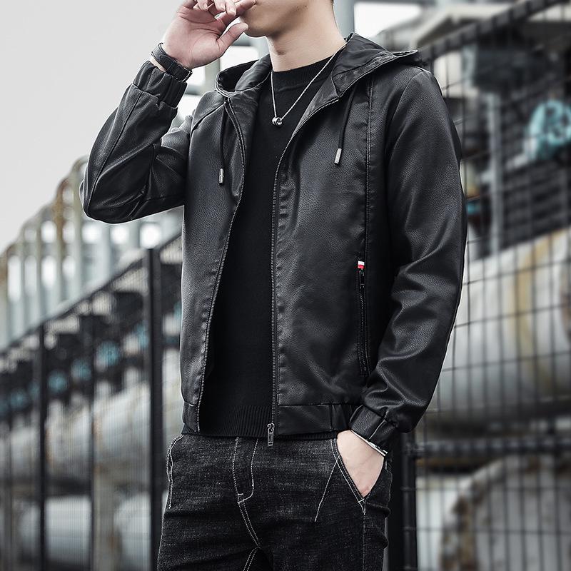 Men's Hooded Leather Jacket: New Korean Style, Velvet Finish for Spring/Autumn, Trendy Casual Motorcycle & Workwear Jacket