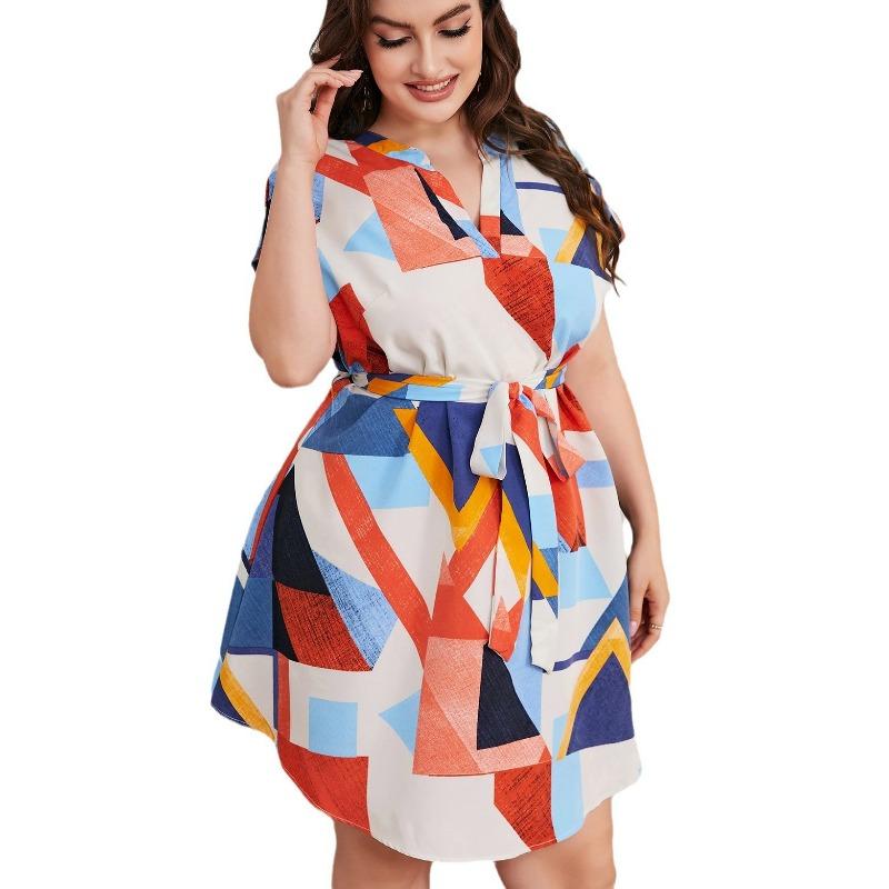 Summer Women's Short Sleeve Dress Temperament Elegance Fashion Party Dress Plus Size High-waisted Dress Patchwork Color Design