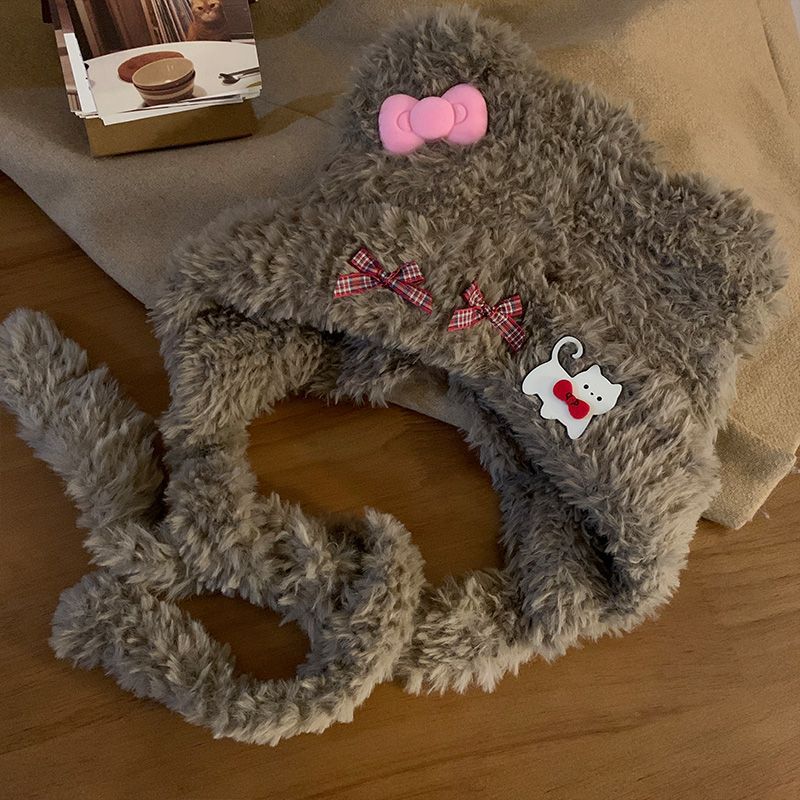 Cute Little Bear Ears Cat Bow Plush Hat for Women In Autumn and Winter Warm Ear Protection Lei Feng Hat Showing Face