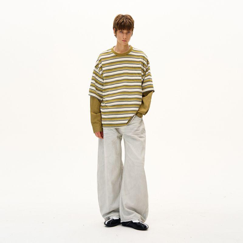 Madwitch American Classic Fake Two-Piece Striped Long-Sleeve T-Shirt for Men and Women, Loose Casual Lazy Couple Top Ins