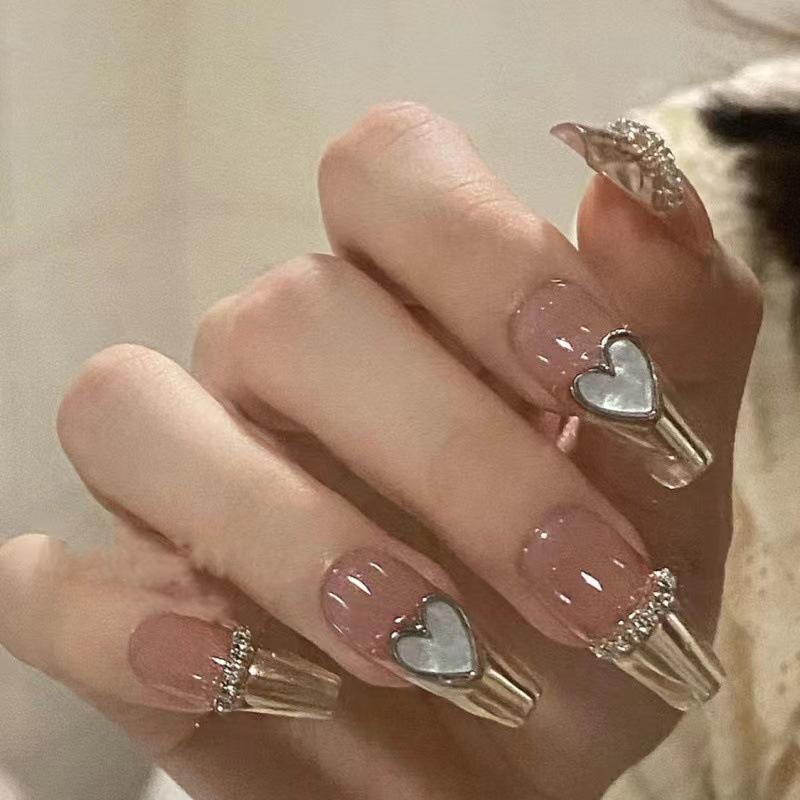 

French Magic Mirror Mother-of-Pearl Heart Press-On Nails: Removable Long False Nails in Sweet & Spicy Styles