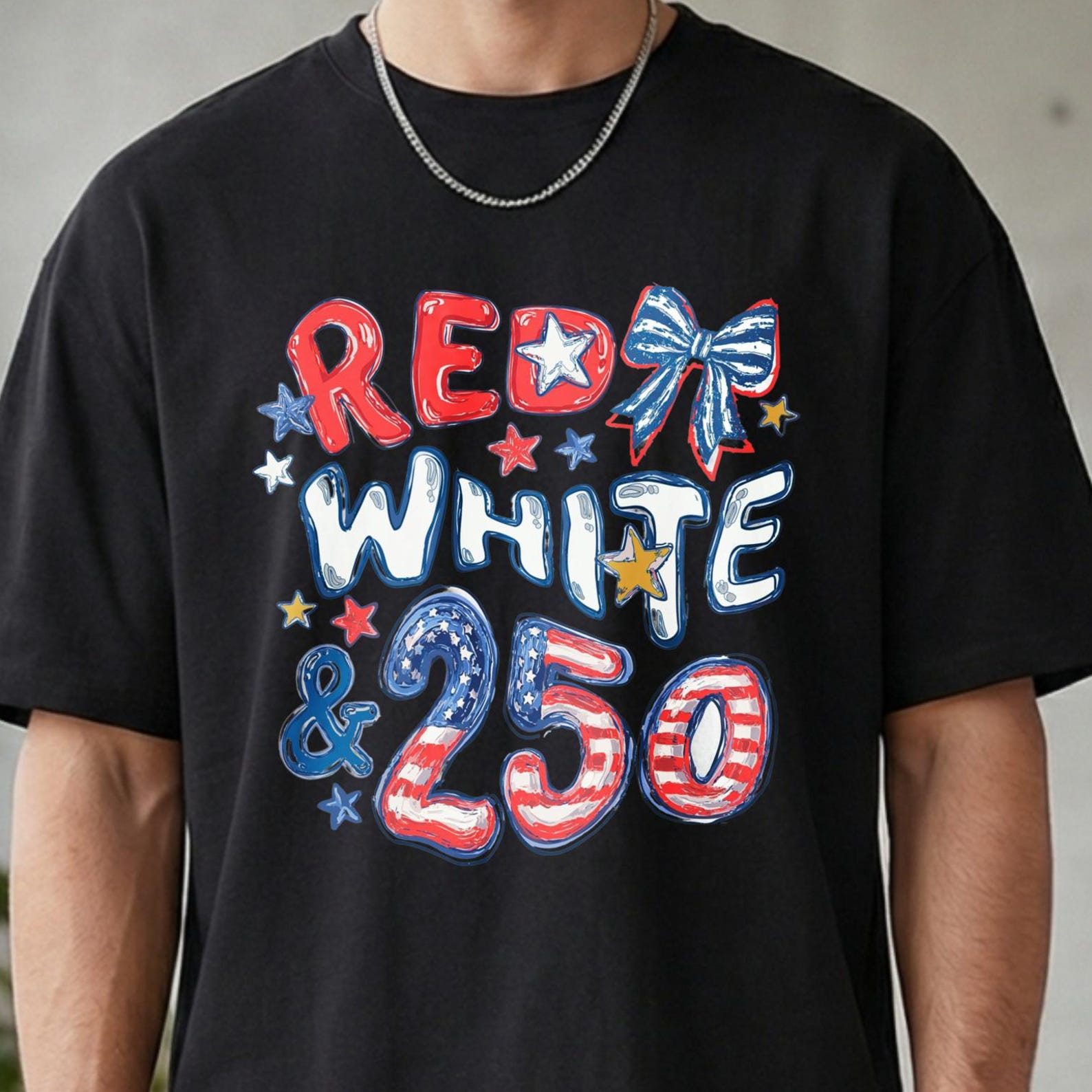 Red White and 250 T-Shirt, 4Th Of July Patriotic Tee, Coquette Bow American Flag Top, 250Th Anniversary Independence Day Casual Shirt 4XL