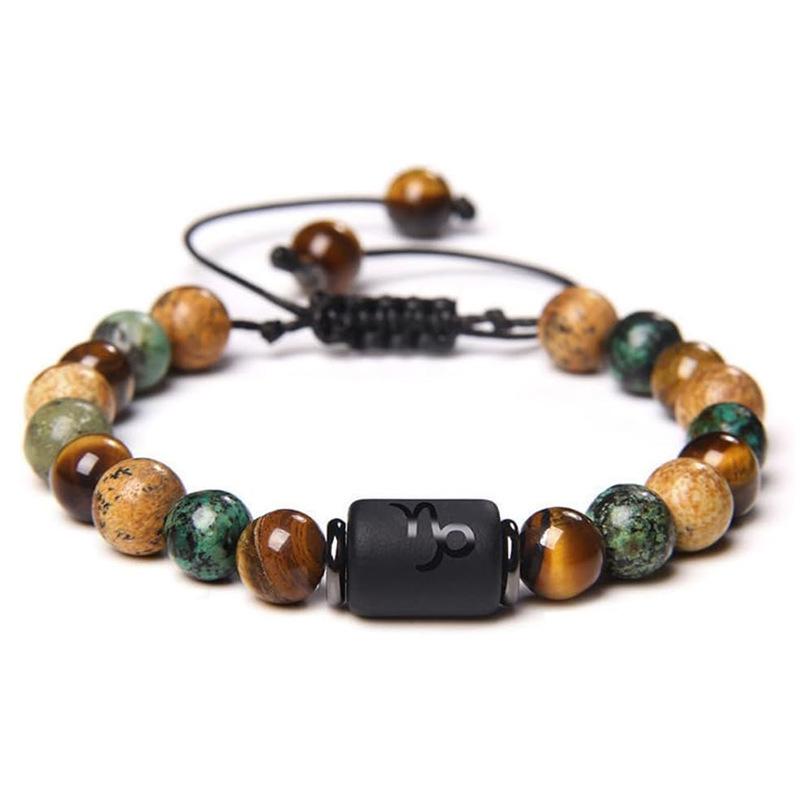Natural Stone Tiger Eye Picture Jasper Round Beads 12 Constellation Bracelet for Men and Women Zodiac Signs Bracelet Aries