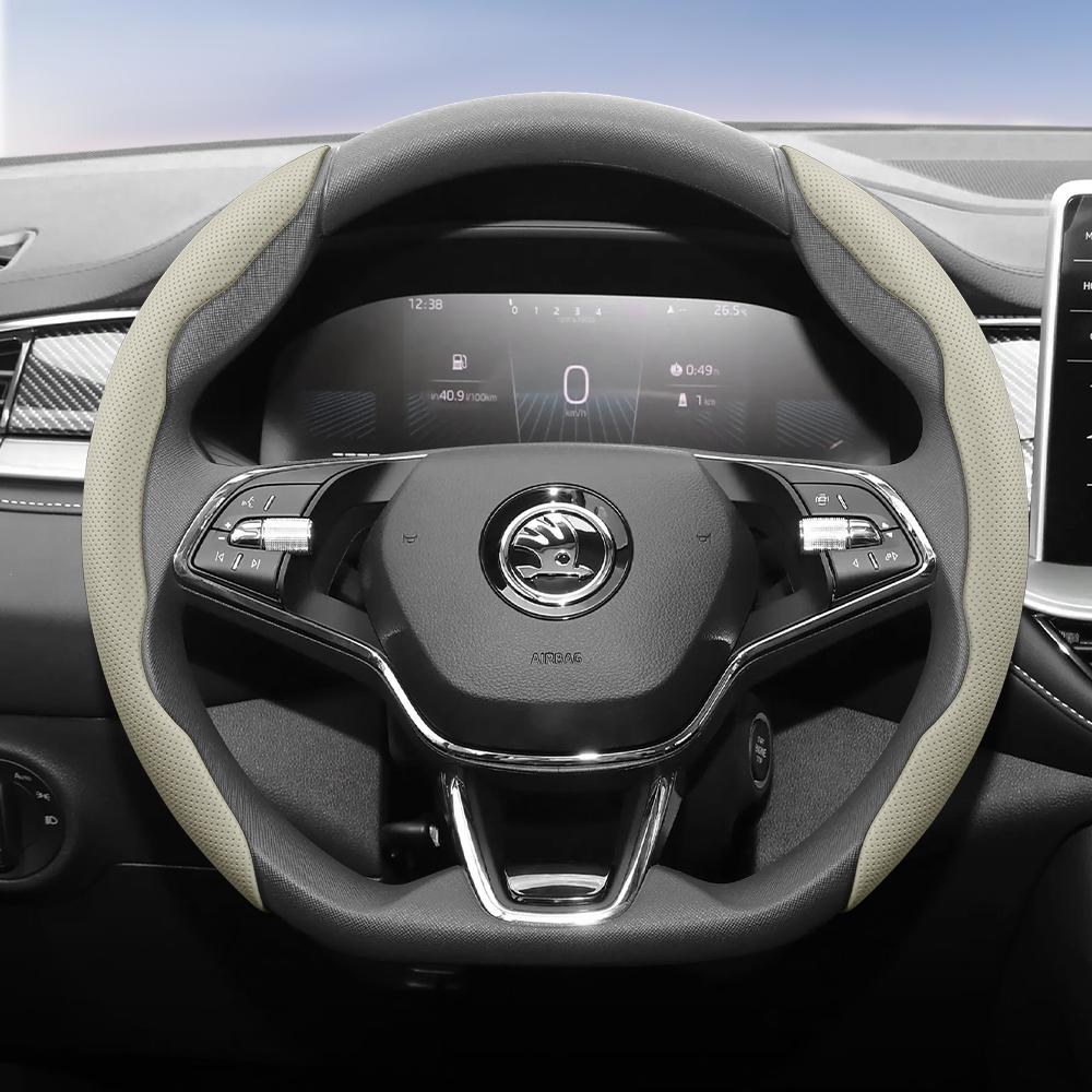 WFM1  Suitable for Skoda Breathable Leather Steering Wheel Cover with Segmented Quick-Release Design, Non-Slip and Durable, Octavia Rapid Kodiaq 