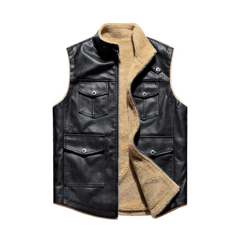 Cross2025 Men's Autumn/Winter Plus Velvet Thick Leather Vest - Youth Outdoor Casual Fashion