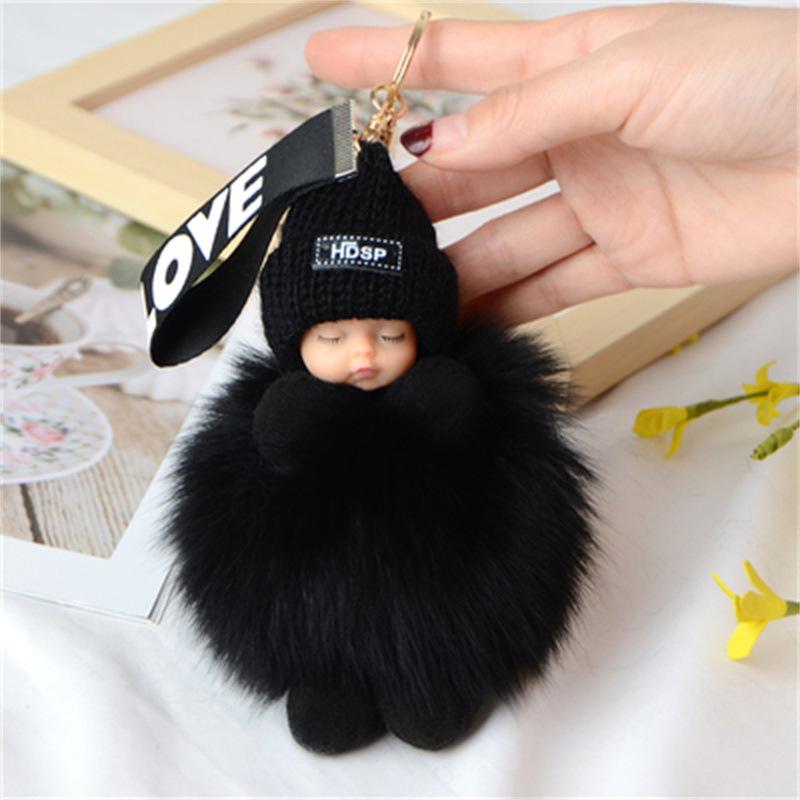 Pompom Sleeping Baby Keychain Cute Fluffy Plush Doll Keyholder Women Girl Bags Keyrings Cars Key Ring Gift Charming Decoration