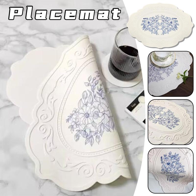 Waterproof Silicone Placemats - Carved Floral Vintage Design, Non-Slip Kitchen & Dining Table Mats for Coffee Counter