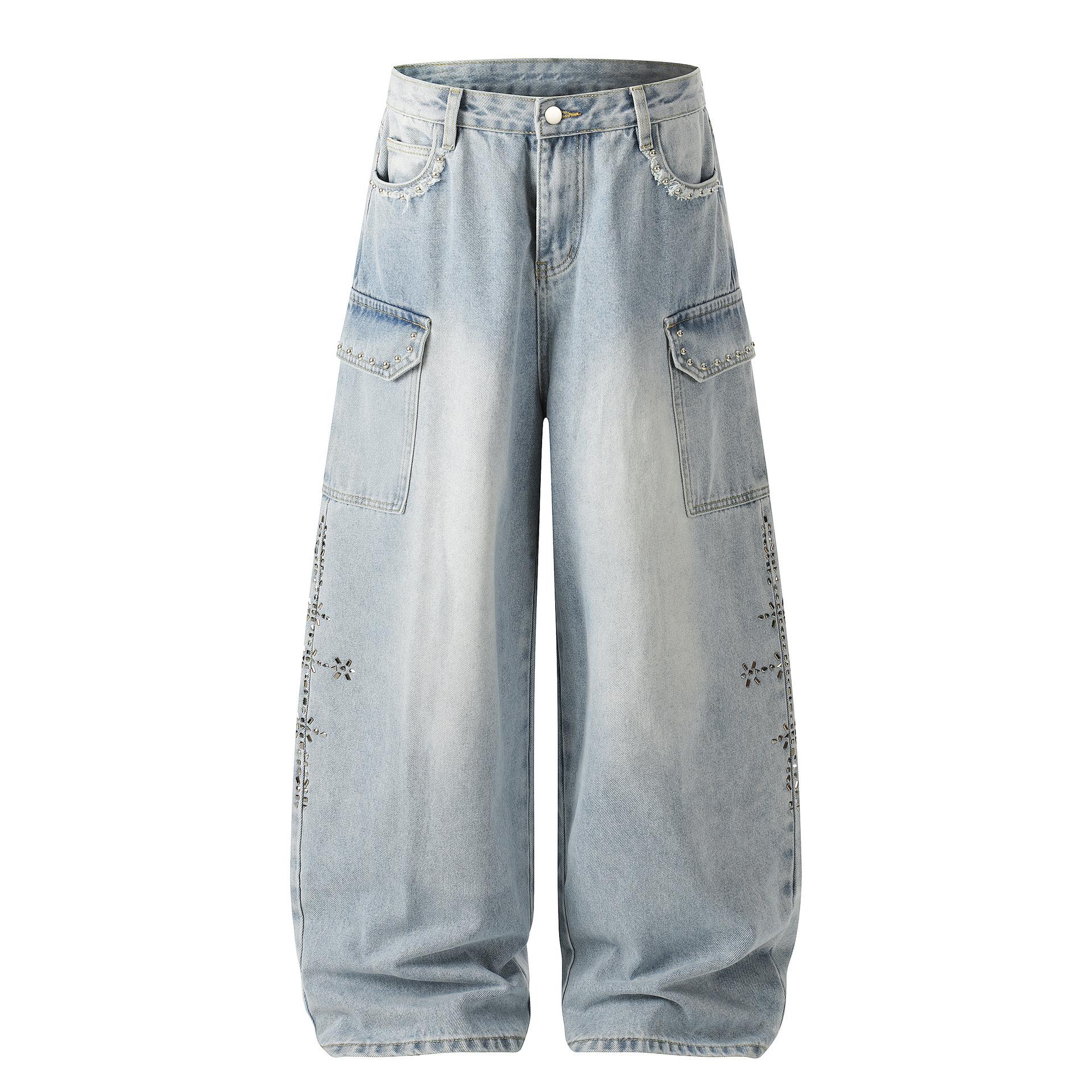 European, American, and American vintage rhinestone work jeans, straight-leg high street vibe wide-leg curved knife pants S
