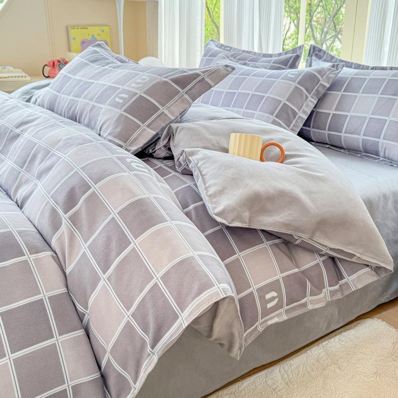 Cotton 4-piece Set Thickened Brushed Fresh Cotton Bed Sheet Quilt Cover Hats Models Dormitory 3-piece Set