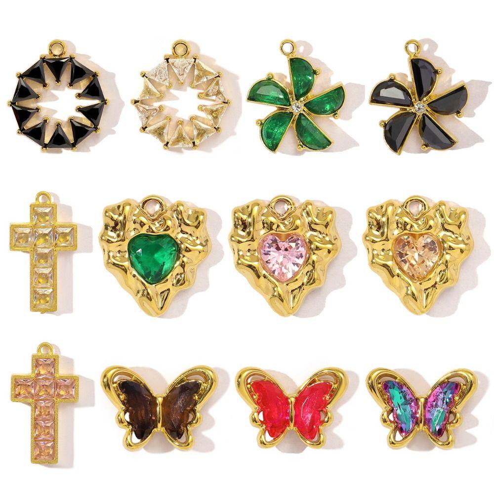 3pcs Stainless Steel Cross Charm Vintage Heart Charm Fashion Cubic Zircon Pendant Gift