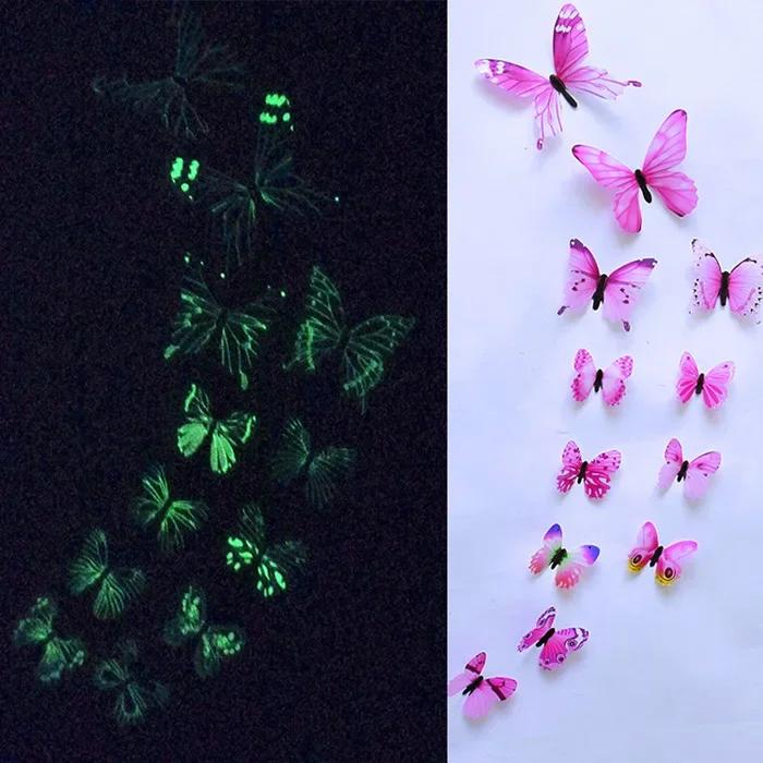 12Pcs/Set Luminous Butterfly Wall Stickers Sala de estar Borboletas para decoração de festa de casamento Casa 3D Geladeira Decalques Papel de parede