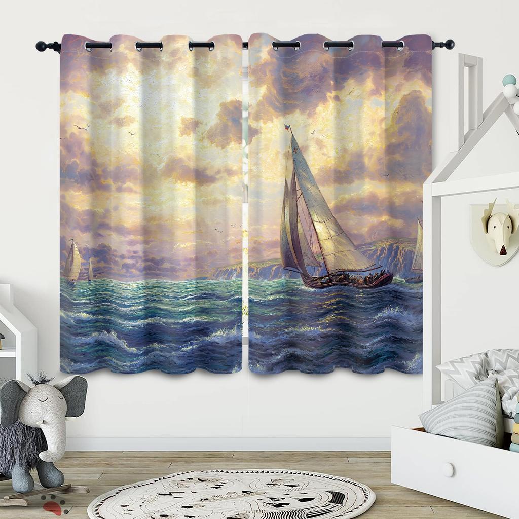 Set Of 2 Ocean Sailboat Pattern Printed Curtains Suitable Living Room Bedroom Office Sliding Window Home Decoration Made Polyester Great Treatment