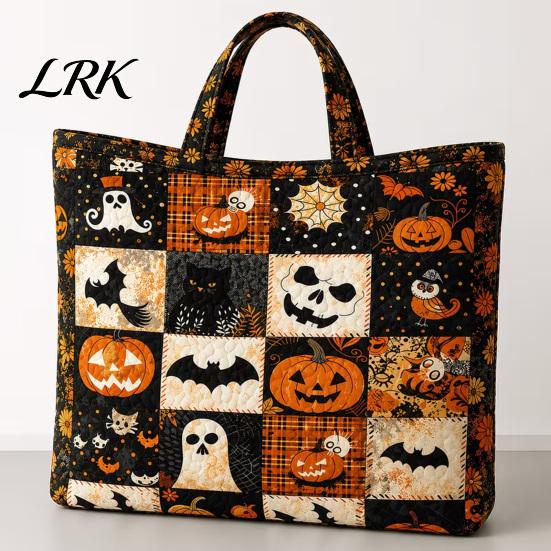 Geräumige Aufbewahrungstasche für das Nötigste Halloween Gesteppte Tragetasche, Kürbis Geist Katze Aufdruck Schulter Strapazierfähig Buch Leicht Polyester Wiederverwendbare Handtasche