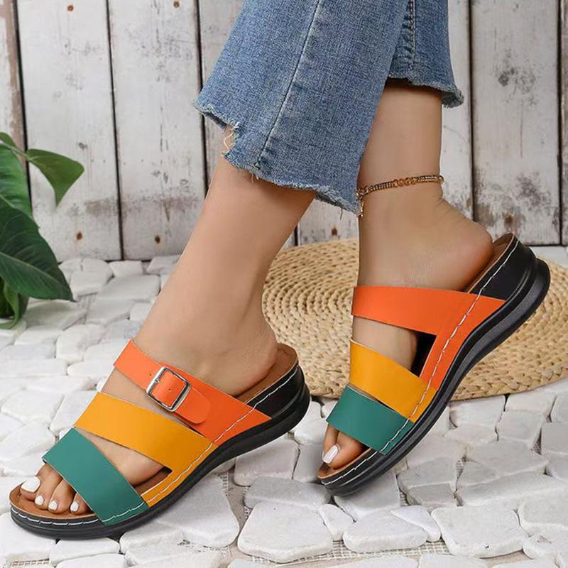 Fashion Plus Size Mixed Color Wedge Slippers Women Summer Beach Weightlight Pu Leather Slides Woman New Soft Sole Non Slip Sandal Mujer