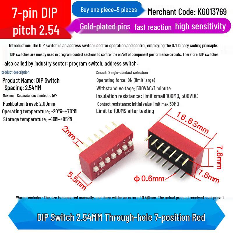 SMD DIP Switch, Flat Toggle, 2P 4-10 Positions, 2.54mm, Red/Blue/Black