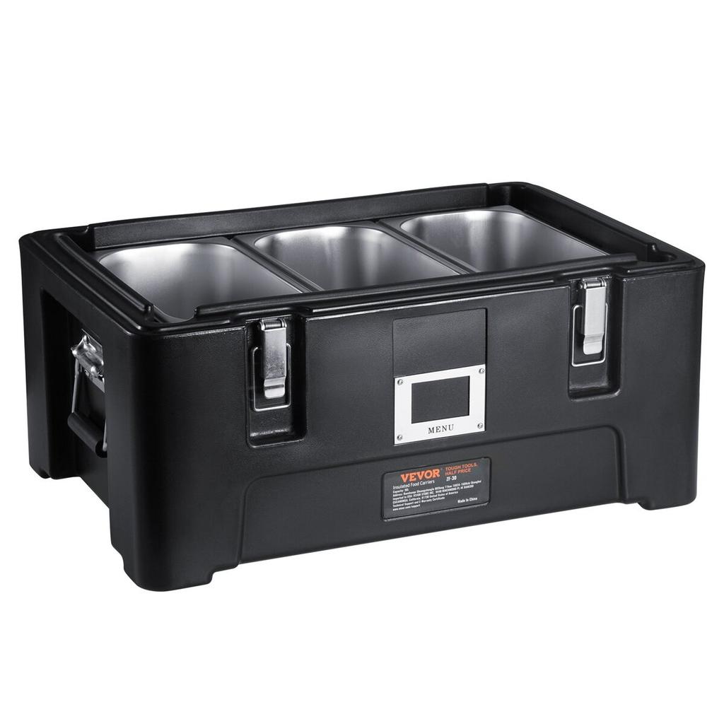 Insulated Food Pan Carrier, 36Qt Capacity, Stackable Catering Hot Box with 3 Stainless Steel Pans, Top Load LLDPE Food Warmer with Elastic Side