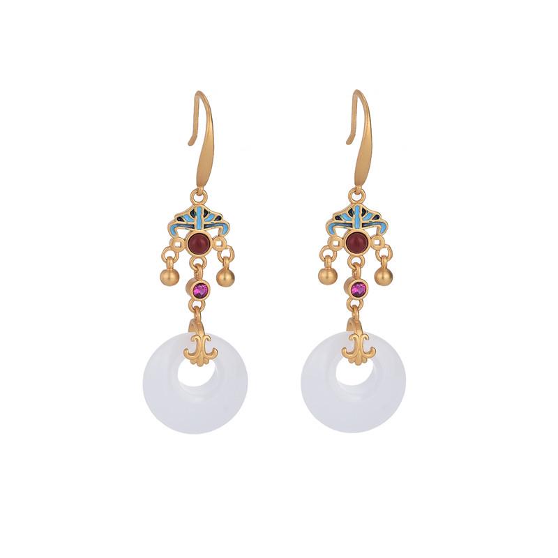 Guochao Palace-Style Retro Enamel Cloisonné Earrings with Jade Accents