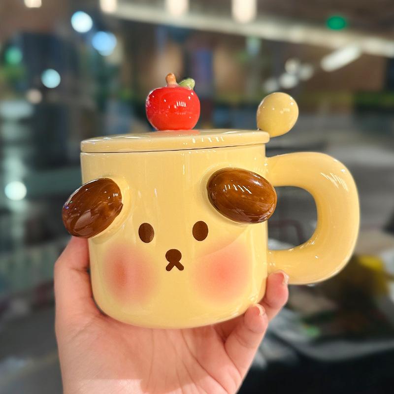 Cute Ceramic Puppy Mug with Lid Spoon Card  Animal Pink Girlish Office Water Cup  Coffee Cup