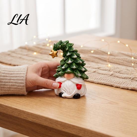 Wooden Gnome Ornaments Christmas Figurine, Resin Tomte with Tree Hat & Reindeer Double Sided Printed Decorations Antlers, Holiday Tabletop Decor