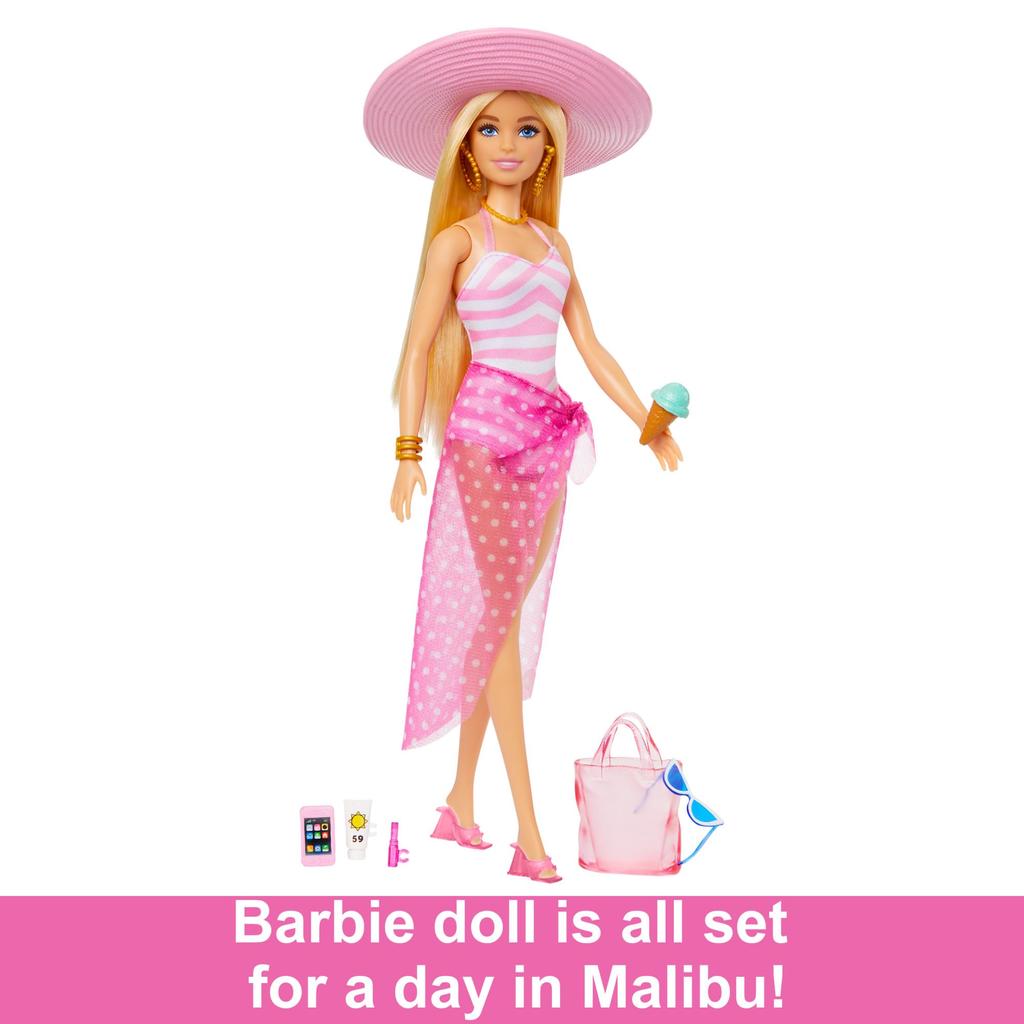 BARBIE Blonde Puppe Mit Tragetasche Und Kinder Ab 3 HPL73 - Pink-weißem Badeanzug, Sonnenhut, Strand-Accessoires, Für Jahren,