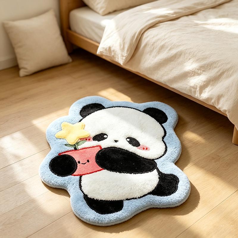 Cute Rabbit On Flower Shaped Plush Bath Mat Non Slip Absorbent Cartoon Animal Bedroom Bathroom Floor Decor Rug