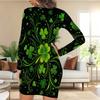 Women Plus Size Round Neck Long Sleeve Clover Printed Dark Green Bodycon Mini Dress