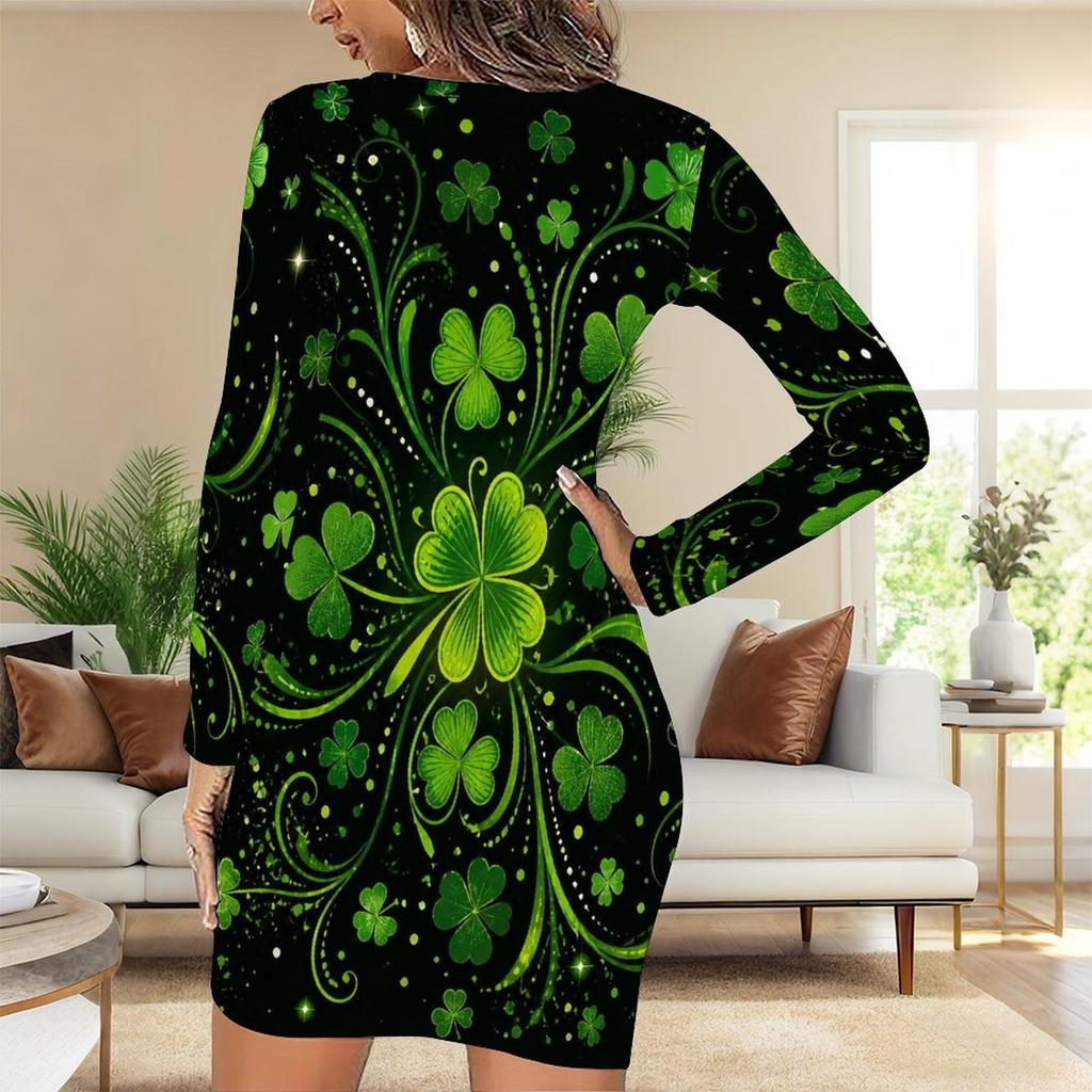 Women Plus Size Round Neck Long Sleeve Clover Printed Dark Green Bodycon Mini Dress