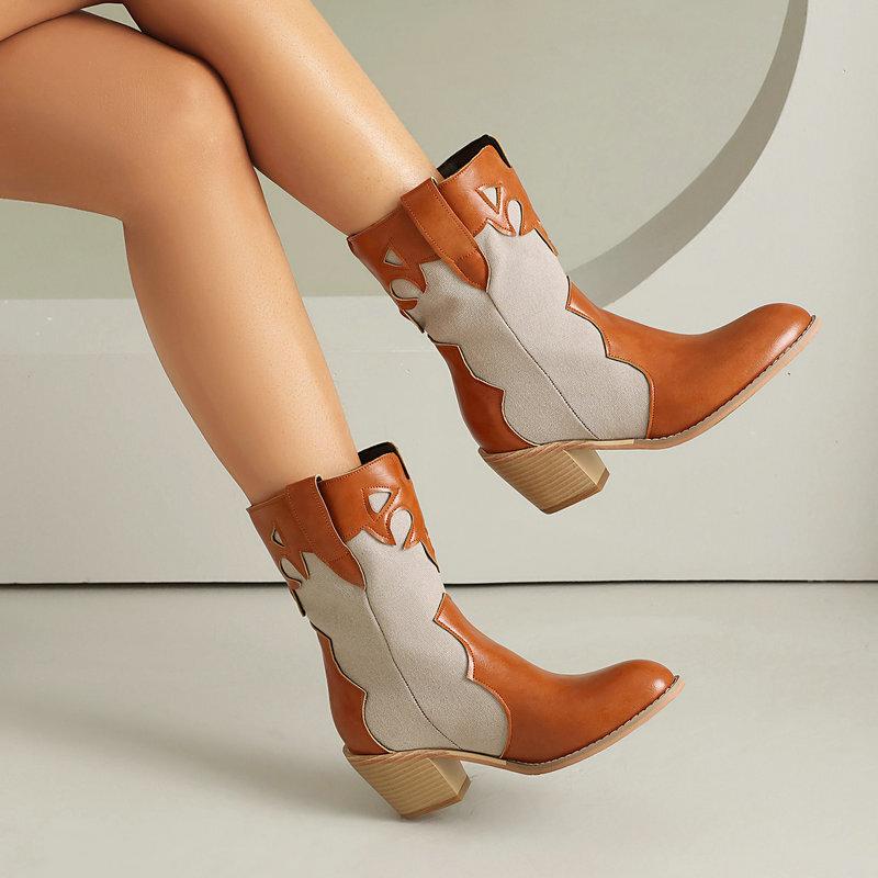  short boots round head thick heel high heel V-mouth western cowboy boots color matching autumn and winter mid-tube knight boots