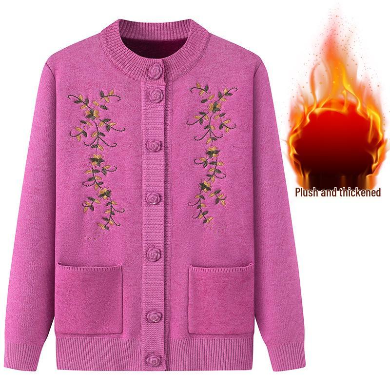 Dámský plusový sametový zesílený kardigan - Jarní a podzimní pletený svetr pro středního věku a starší