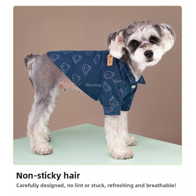 Pet Dog Denim Shirt Small and Medium-Sized Dogs Handsome Turn Collar with Traction String Clip Bear Butterfly Pattern Two Feet