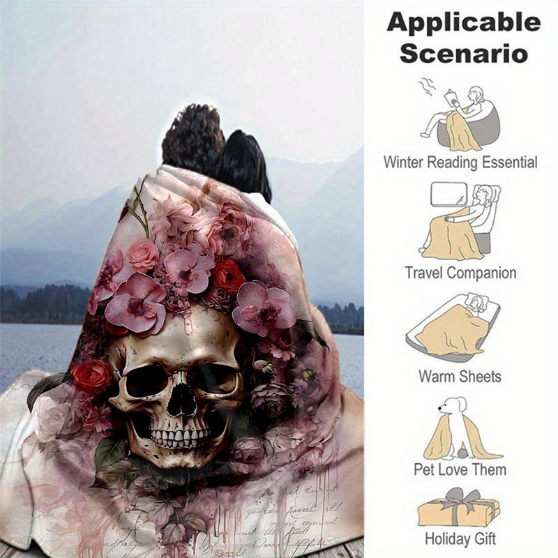 1pc Skull & Blooms Blanket  Seasonal Universal Home Decorative for Room, Living Room, Travel, Camping, Car Blankets