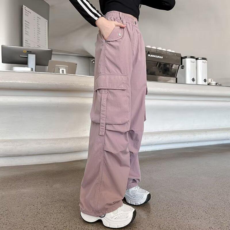 Kids Mid Rise Cargo Pants Loose Wide Leg Trousers Soft Polyester Spring Autumn Streetwear Casual Kids Pants