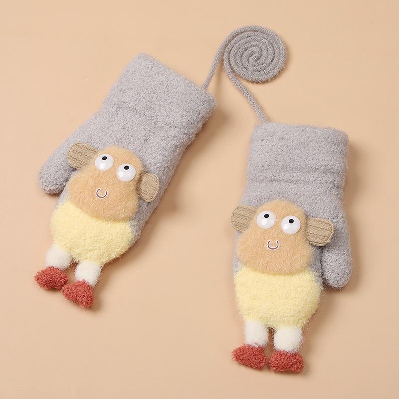 Winter Plus Velvet Children's Gloves Kindergarten Baby Warm and Cold Proof Gloves Cute Finger Rope Knitted Cotton Gloves