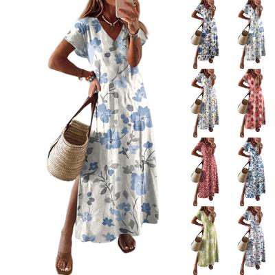 Damen Sommerkleid mit Blumenmuster, kurzärmelig, Strandkleid mit Taschen, lässig, V-Ausschnitt, geteilt, langes T-Shirt-Kleid, für Reisen und Urlaub