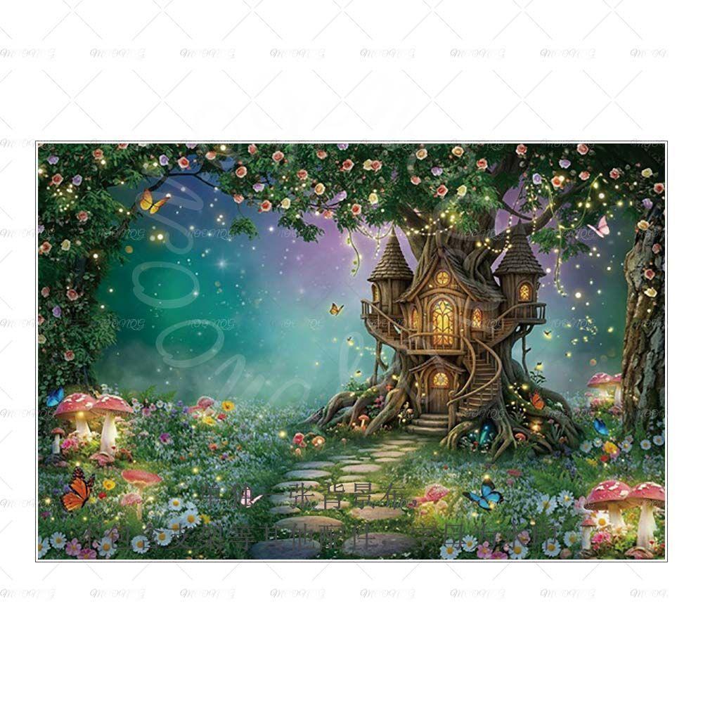 Dreamy Fairy Tale Forest Mushroom House Photography Background Cloth - Children's Birthday Party Decorative Wall Background