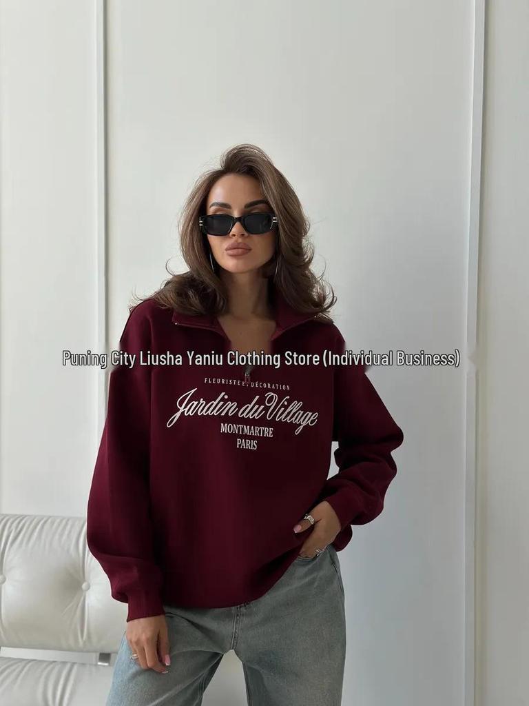 European & American Retro Print Oversize Zipper Hoodie for Autumn & Winter
