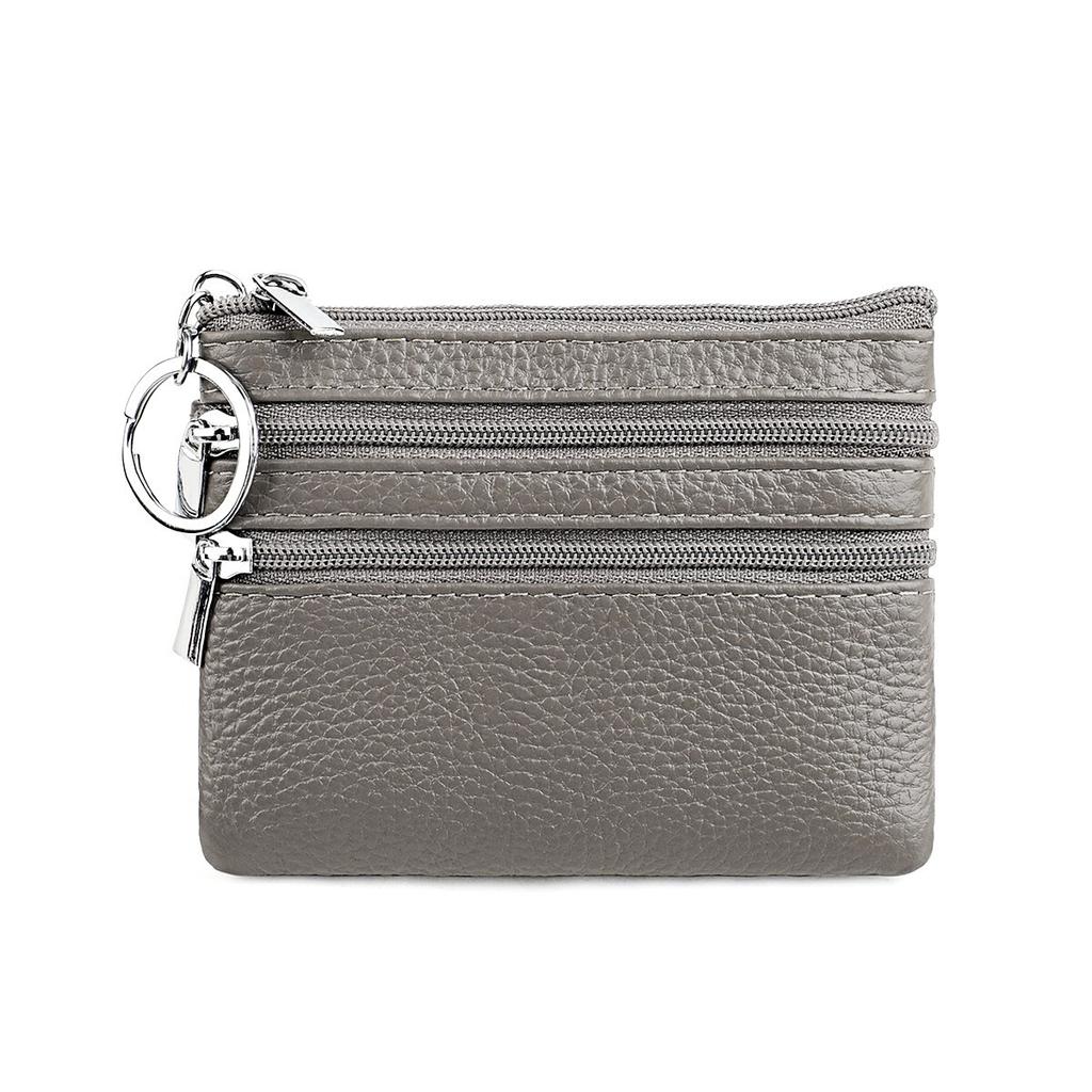 Women's Genuine Leather Coin Purse Mini Pouch Change Wallet with Keychain NEW Three Zipper Fashion Multicolor