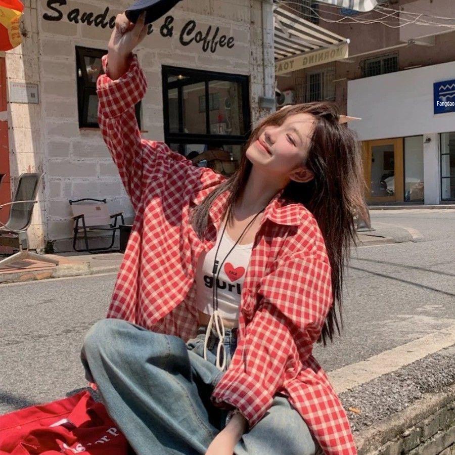 Women's American Retro Red Plaid Shirt Jacket - Early Spring 2026 Korean Style Casual Loose Fit