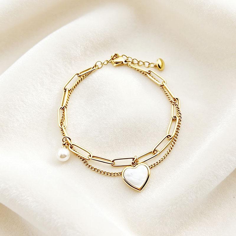 European & American Double Layer Heart Shell Pearl Titanium Bracelet - Colorfast Stainless Steel, Light Luxury Jewelry