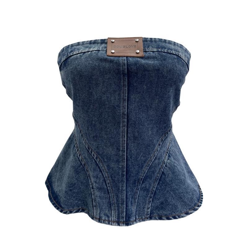 Women's Denim Bandeau: 2026 A-Line Short Sleeveless Top with Divided Stitching and Cinched Waist.
