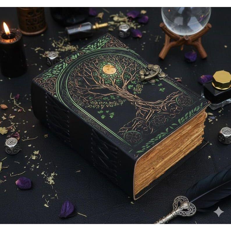 Tree of Life Grimoire – Leather Book of Shadows with Moon Phases | Handmade Witchcraft Spell Book | Celestial Journal for Gifts