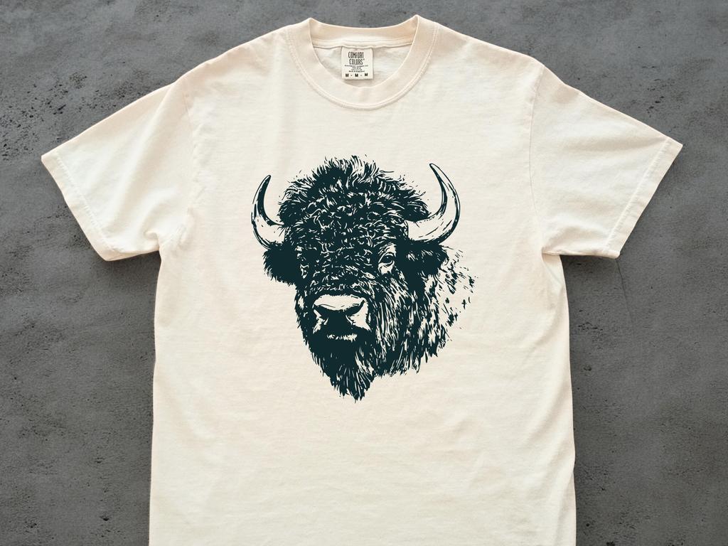Linocut Bison Shirt, Vintage Buffalo Tee, Comfort Colors Western Wildlife Graphic, Rustic Woodcut Bison Lover Gift