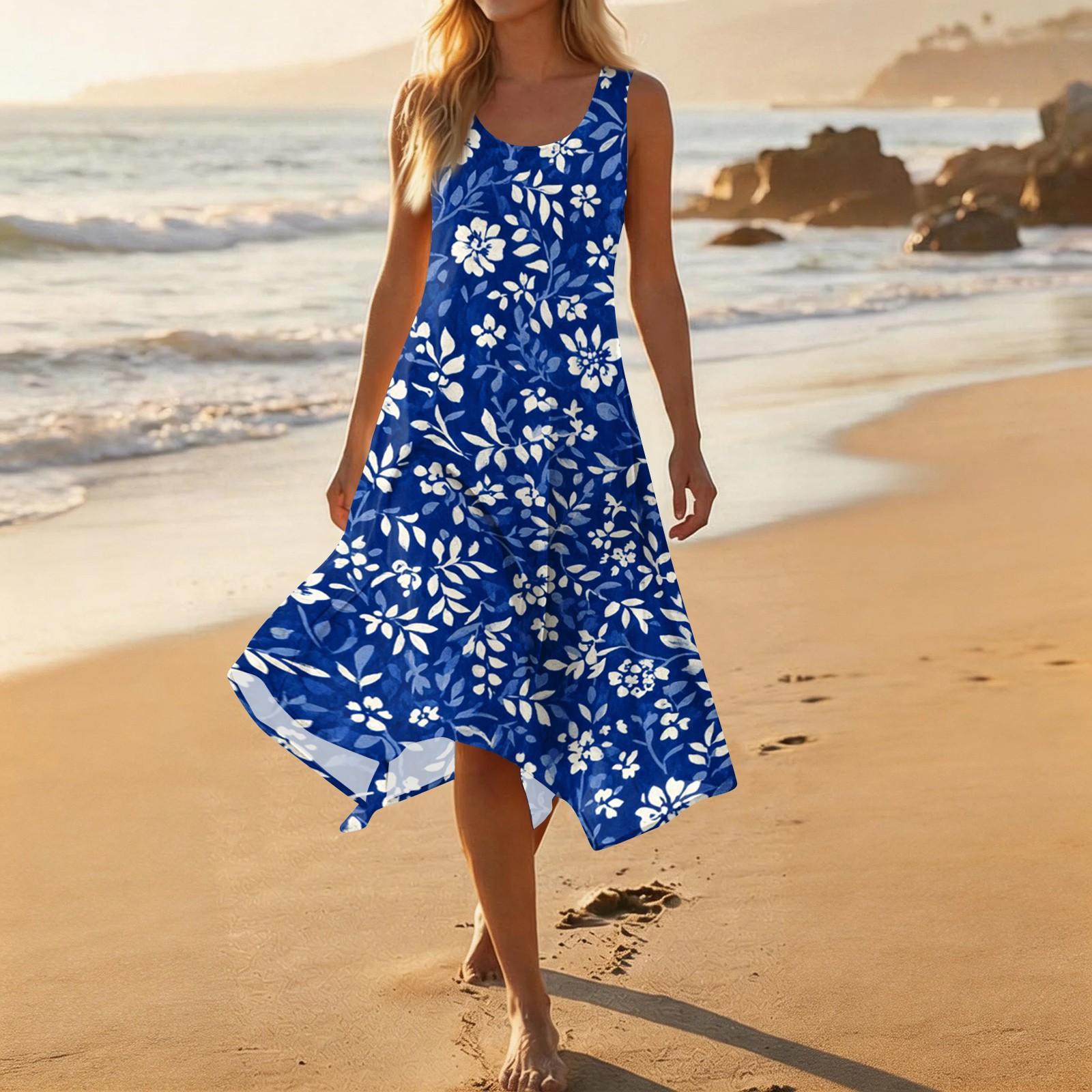 Women Sleeveless Casual Floral Print Dress Round Neck Irregular Hem Mid Length Summer Dress L